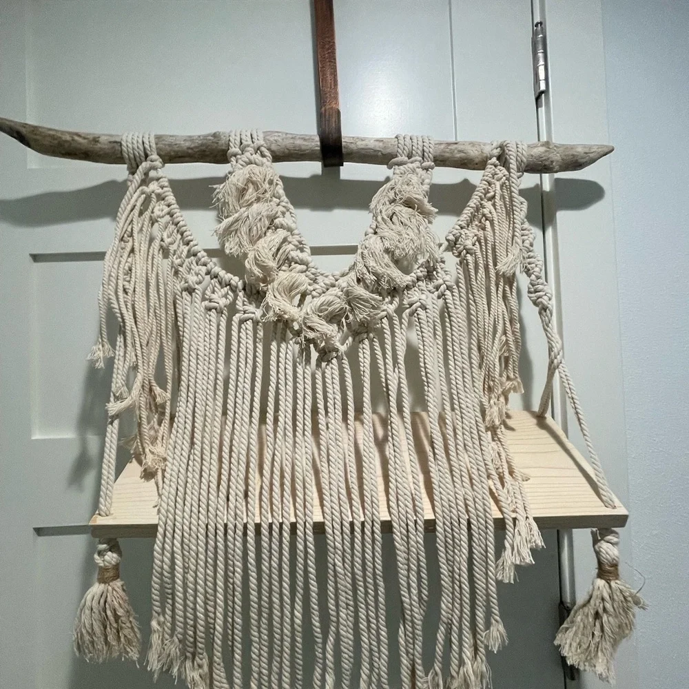 Cream Display Shelf with Intricate Macramé Design